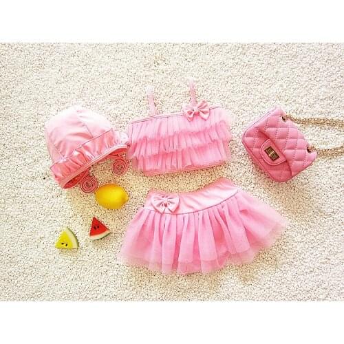 Baby Kids Girls Bikini Three Pieces Swimming Suit Bowknot Split Top + Skirt + Hat Swimwear Summer Beach Children Swimsuit SA4002