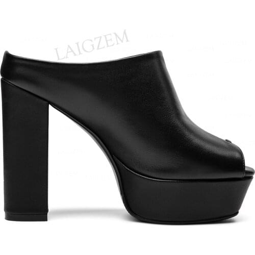 LAIGZEM Women Pumps 12CM Chunky Thick Heels Slides Party Sandals Real Leather Slip On Mules Summer Shoes Woman Size 33 38 39 40
