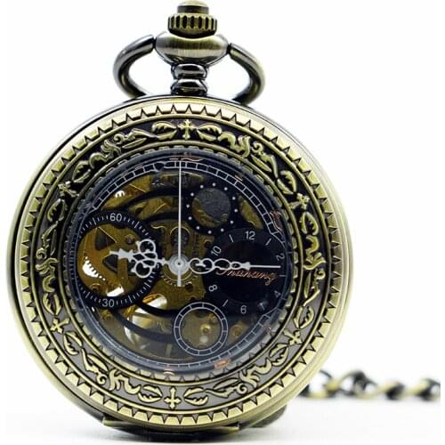 Fashion Hand-wind Chronograph Mechanical Pocket Watch Bronze Hollow Necklace Pendant Women Mens Gifts PJX1287