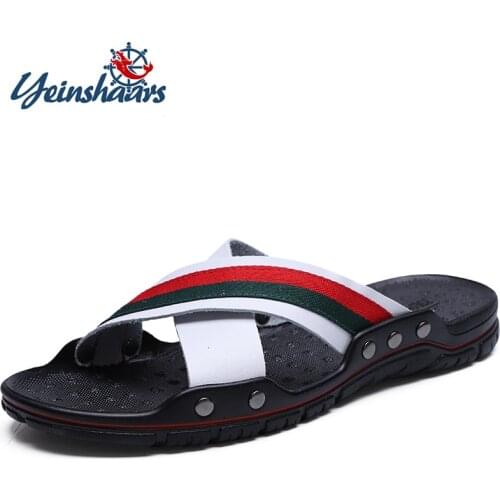 YEINSHAARS New Genuine Leather Men Slippers Beach Shoes Comfortable Men Summer Flat Heels Male Slides Luxury Plus Size 38-48