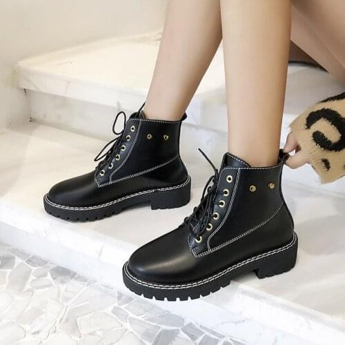 Solid Black Patent Leather Boots Vogue Ankle Boots Women Shoes Woman Winter Boots Round Toe Lace Up Casual Shoes Plus Size