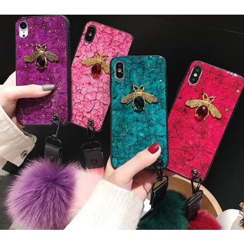 Luxury Diomand Bee Glitter Phone Case For iPhone X 7 7Plus 6s 6Plus 8plus Fur Ball Strap Cover for iphoneXS XR XSMA Marble Case