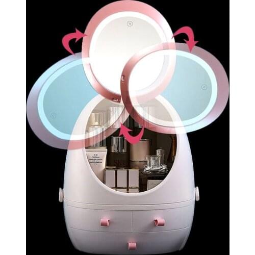 Make-up Jewelry Box Makeup Organizer High Definition Mirror LED Light Cosmetics Jewelry Storage BOX desktop drawer storage USB