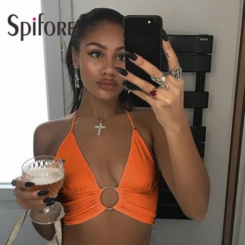 Spifore Sexy Crop Top 2021 Y2K Clubwear Outfits Femme Clothes Backless Halter Neck Summer Beach Swimming Women Tanks Camis
