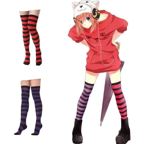 Anime Gintama silver soul kagura red purple black Striped Stocking Cos Accessories Jk Student Uniform Thigh Socks