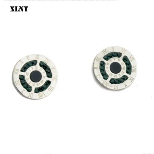 XLNT New Shiny Cubic Zirconia Roman Numerals Double Circle Stud Earrings Titanium Steel Engagement Wedding Earrings