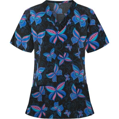 Women Floral Nurse Uniform Short Sleeve V-Neck Aesthetic Graphic Tee Tops 2021 Summer Casual Working T-Shirt Gorro Enfermera A40