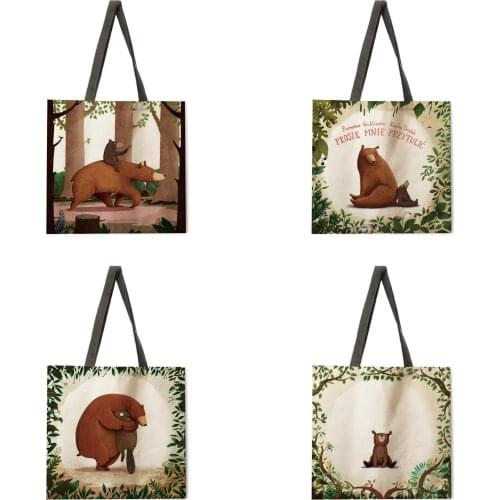 Womens beach bag foldable shoulder bag shopping bag cartoon forest bear print tote bag linen casual tote bag reusable