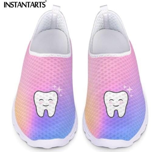 INSTANTARTS Gradient Tooth Cartoon Pattern Ladies Slip on Sneaker Summer Mesh Flat Shoes Cute Dentist Design Casual Loafers 2020