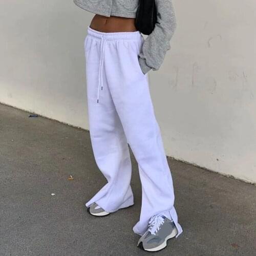 Female Autumn Slit Pant Women Drawstring Cotton Wide Leg Pants Sweatpants Trousers High Waist Solid Sweat Pants 2021 New