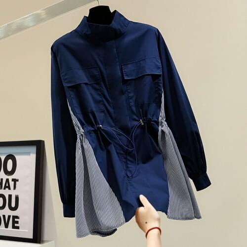 Striped Stitching Drawstring Waist Mid-Length Trench Women 2021 Spring Loose Stand Collar Zipper Windbreaker Thin Coat