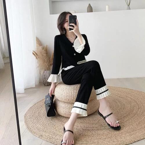 2020 autumn new fashion slim suit womens ruffled knitted western style contrast cropped pants temperament two-piece suit
