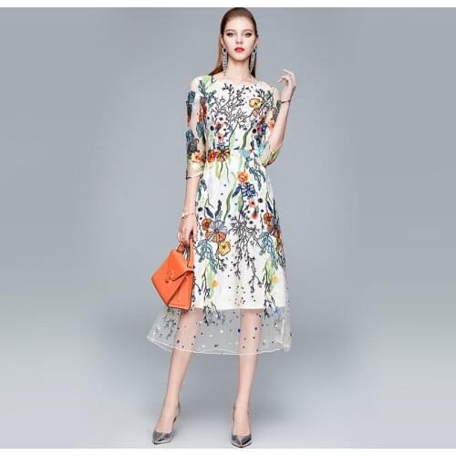 Embroidery Mesh Elegant Sexy Dress Women Vintage O Neck Chinese Style Summer Floral Women Clothes Organza Regular Midi Dresses