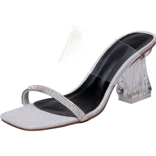 COOLULU Summer Slippers Women Shoes Transparent Chunky High Heels Shoes Rhinestone Open Toe Slides Ladies Sandals Sliver Size 39