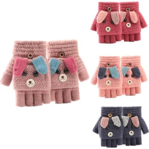 Children Kids Winter Warm Convertible Flip Top Gloves Cartoon Dog Knitted Plush Lined Flap Cover Fingerless Mittens