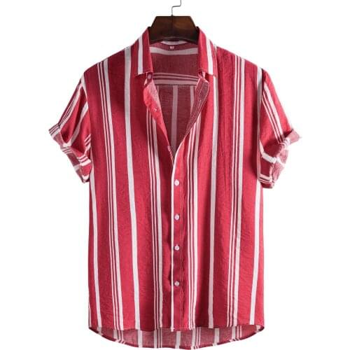 Men Red Striped Printed Shirt Plus Size Short Sleeve Shirts Breathable Turn Down Collar Loose Casual Shirts Camisas De Hombre