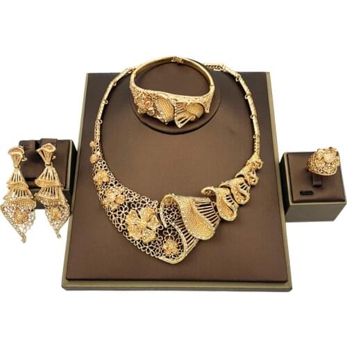 Indian Bridal Jewelry Sets Charm Women Big Necklace Flower Shape Bracelet Crystal Earrings Ring Fashion African Jewelry