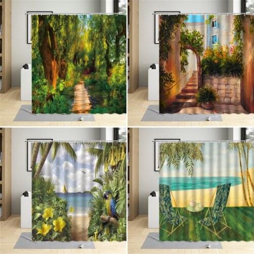 Oil Painting Scenery Shower Curtain Vintage Town Spring Flower Green Plant Forest Beach Bathroom Polyester Cloth Curtain Sets