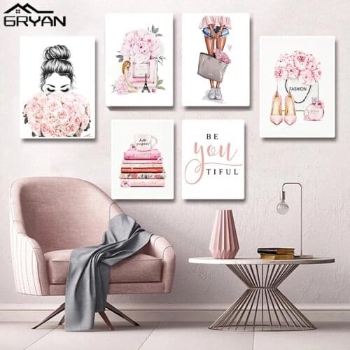 Fashion Girl Canvas Painting Peony Flower Wall Art Lady Perfume Shoes Vogue Posters & Prints Paris Modern Picture for Women Room