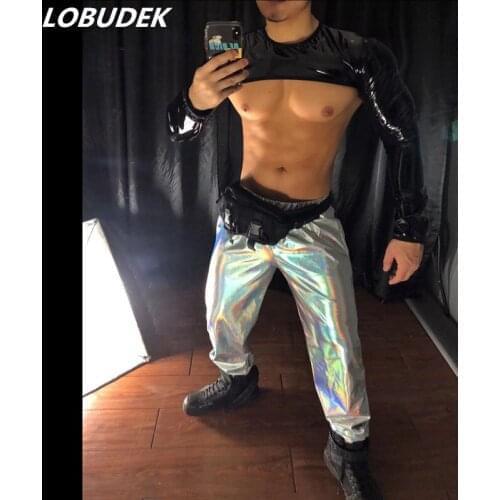 Men DJ Dancer Bar Club Stage Wear Silver Reflective Patent Leather Shoulder Sleeve Pants Outfits Nightclub Sexy Dance Costume