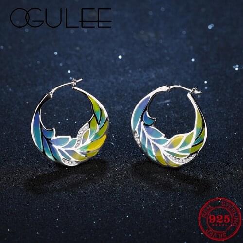 OGULEE 2020 Fine Jewelry Like Star Sparking CZ Leaves Earrings for Women 925 Sterling Silver Hoop Earrings Luxury Party Enamel