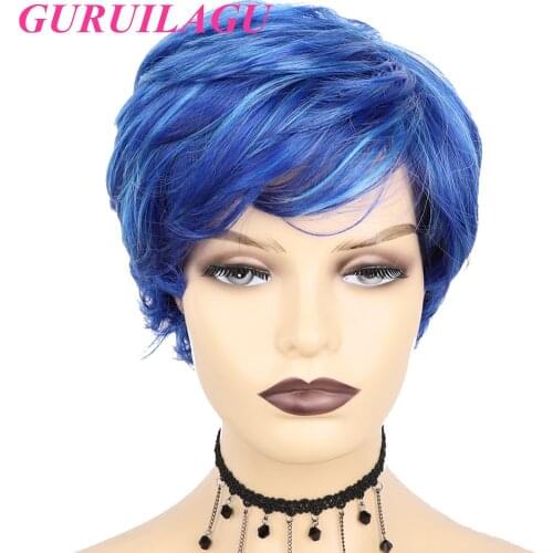 GURUILAGU Blue Short Wig Heat Resistant Fiber Synthetic Hair Wig Natural Wavy Cosplay Wigs for Women Pixie Cut Wig With Bangs