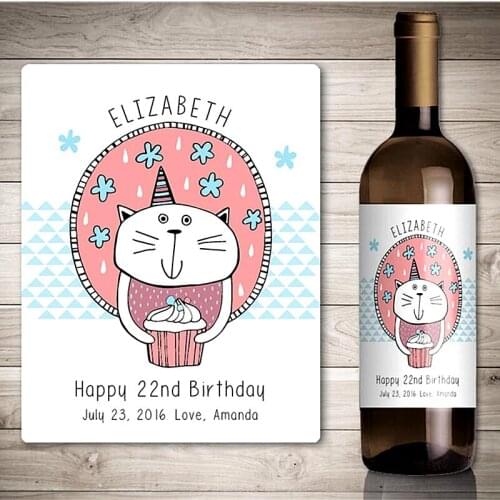 Custom Photo Birthday Wine Label,Personalise Cat Lover Wine Bottle Sticker,Birthday Party Funny Wine Label Gift,With Blessing