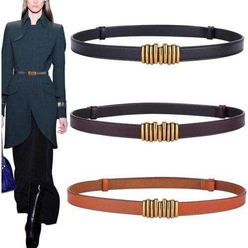 Adjust Design Cowskin Waistbands For Dress Vintage Buckle Thin Genuine Leather Belt Lady Party Coat Decorate Cummerbunds Gifts