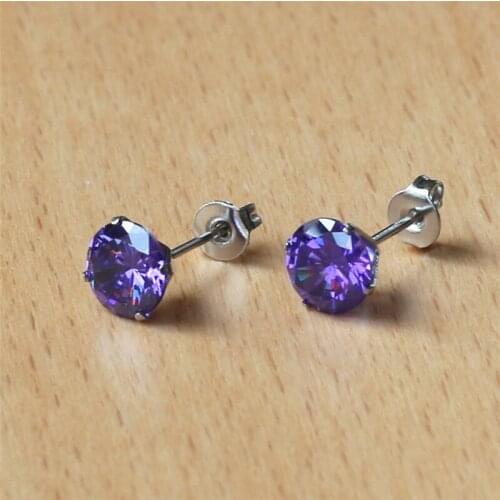 316 L Stainless Steel Stud Earrings No Fade Allergy Free With 7mm Purple Zircon Classical Jewelry For Men And Women