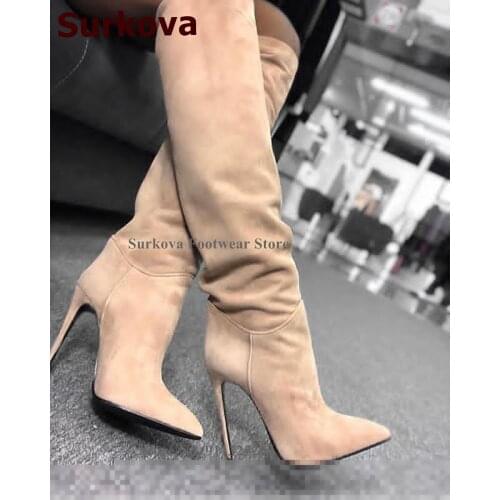 Surkova Women Thin High Heel Pointed Toe Knee Boots Celebrity Concise Tall Boots Outdoor Fall Winter Gladiator Long Dress Shoes
