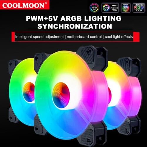 Coolmoon YUHUAN ARGB Fan 12cm Computer Case Fan PWM Temperature Control 5V Motherboard Synchronous CPU Cooling Water Fan