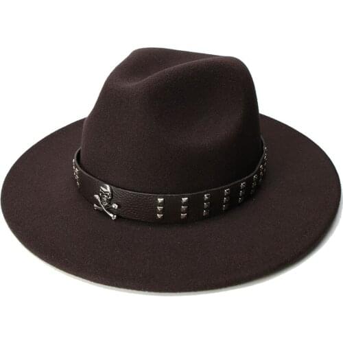 LUCKYLIANJI Retro Women Men Vintage 100% Wool Wide Brim Cap Fedora Panama Jazz Bowler Hat Skeleton Leather Band (57cm/adjusted)