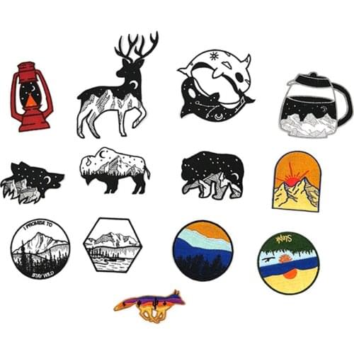 Silhouette landscape Bear Deer Dolphin Embroidered Patches 3D Diy Natural Sun Rise and Sunset Patches for Clothes Hat Bags Decor