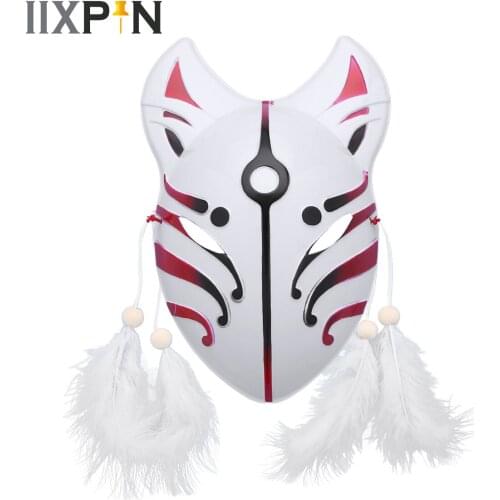 Japanese Kimono Fox Mask Hand Painted PVC Full Face Fox Mask with Feather Tassels for Party Carnival Masquerade Anime Cosplay