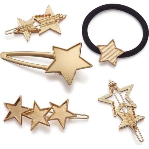 5Pcs DIY Star Shape Hair Findings Kits Gold Color Resin Alligator Hair Clip Hair Tie Barrettes For Women Ladies Hair Accessories
