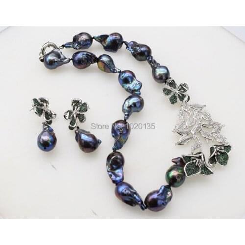 Freshwater pearl black drop baroque 18-24mm necklace earrings 18inch nature green zircon flower FPPJ wholesale