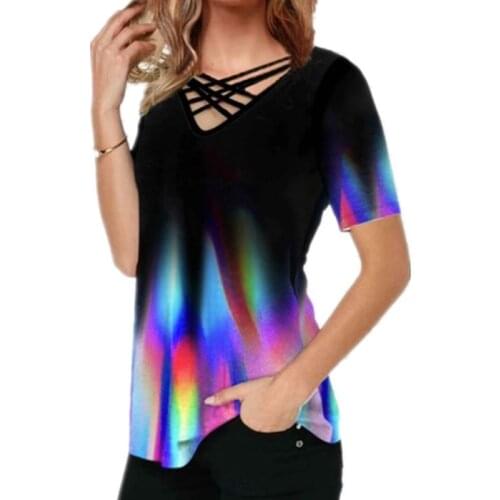 Tie Dye Gradient Print T Shirt Women Short Sleeve V-Neck Tee Ladies Tops Casual Streetwear Summer Cross Chest T Shirt