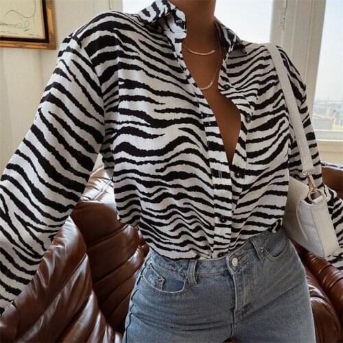 2021 Autumn New Womens Shirts Button Down Lapel Abstract/Zebra Print Long Sleeve Loose Fashion High Street Tops Fashion