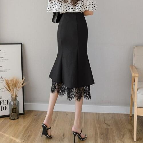 Womens Skirts Empire Mid-Calf Ruffles Plus Size Cotton 2020 Summer Lace Womens Skirts Office Lady Sexy Black Color Women Skirts