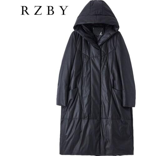 Leather Genuine Women Down Jacket Natural Sheepskin Hooded Leather Outerwear Female Pluz Size Casual Long Black Coat RZBY274