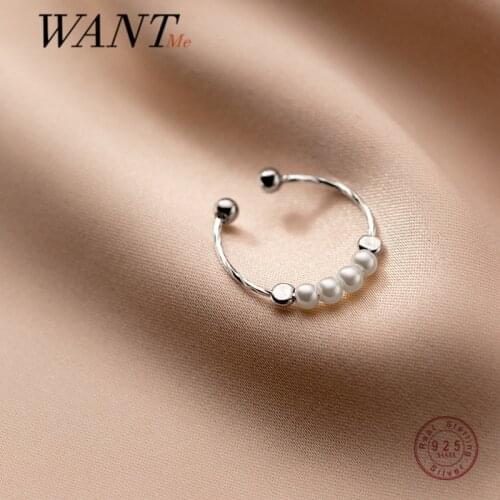 WANTME Real 925 Sterling Silver Minimalist Round Bead Pearl Open Finger Ring for Women Chic Romantic Party Jewelry Accessories