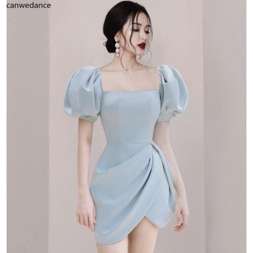 2020 Elegant Noble Women Square Collar Prom Dresses Runway Designer Summer Lantern Sleeve Bodycon Female Sky Blue Short Dress