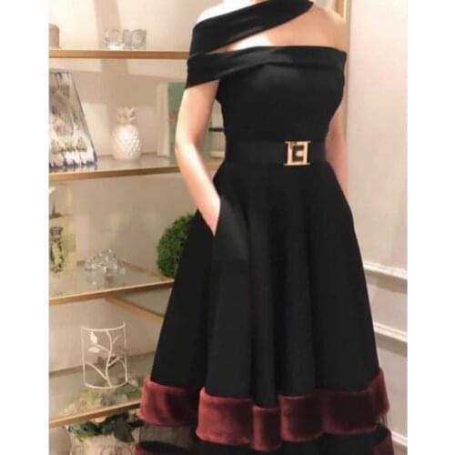 Short Black A-Line One Shoulder Evening Dresses with Pockets Tea Length Zipper Back Velvet Bottom Formal Party Dress for Women