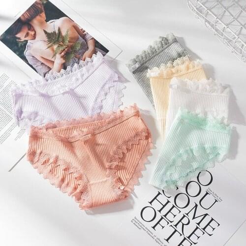 3pcs/set Simple Style Solid Color Lace Sexy Thread Female Soft Casual Bow Plus Size Brief Cotton Panties Middle Waist Lingerie