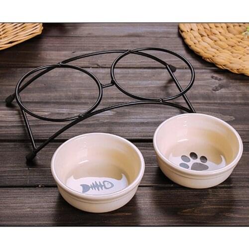 Double Ceramics Dog Cat Puppy Pet Bowl Print Fish and Paw Food Dish Non Slip Food Water Dual-use Feeding Dish Pet Supplies