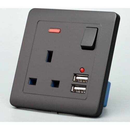 Electrical Wall Socket UK Plug 2 USB Charger Port Outlets Plate 13A Black