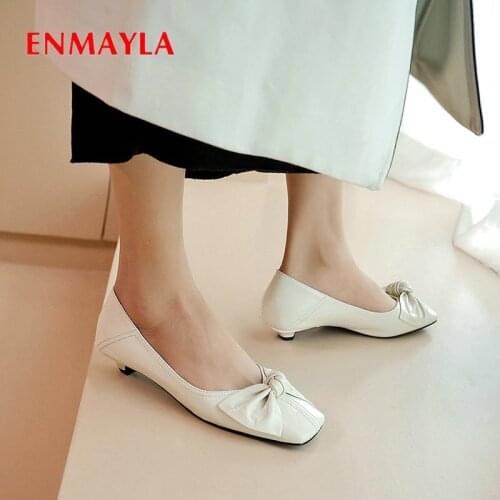 ENMAYLA 2020 Genuine Leather Casual Round Toe Slip-On Wedding Shoes Basic Thin Heels Sweet Butterfly-knot Pumps Women Shoes