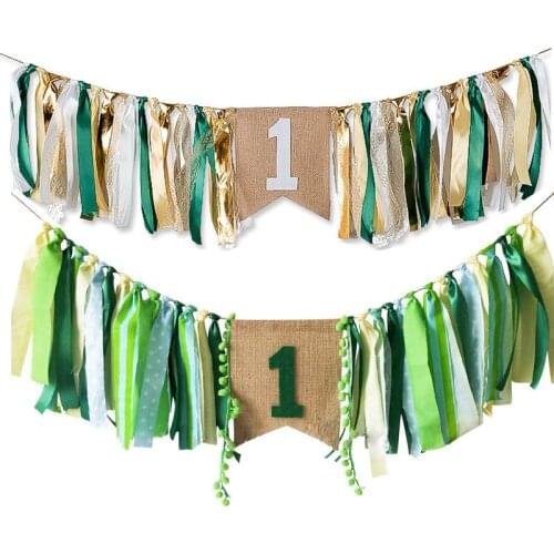 Retro Green Baloons Banner High Chair Banner Sateen Linen Baby Birthday Party Theme Happy Birthday Baby Shower Boy Girl