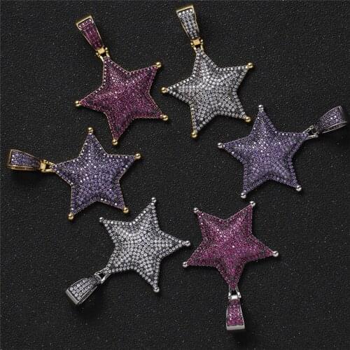 Iced Out Pentagram Pendant Pave Purple White Cubic Zircon Star Necklace For Women Hot Ins Hip Hop Punk Jewelry Gift