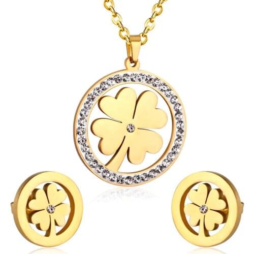 LUXUKISSKIDS Flower Crystal Necklace Earring Jewelry Set for Women Gold-color Stainless Steel Girls Wedding Dubai Jewelry Sets